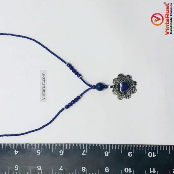 Blue Beaded Necklace with Silver Heart Lapis Pendant, Unique Beaded Necklace - Picture 11 of 11